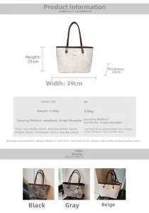 Detailed size chart and multi-color options for the vintage denim style tote bag