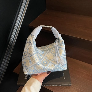 Sac À Main Broderie Jacquard Style Chinois Vintage Motif Floral Géométrique Sac À Épaule Hobo Demi-Lune Avec Gland En Perles