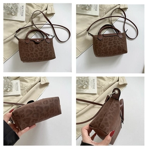 Detailed views of leopard print crossbody bag showing front, side, and bottom angles