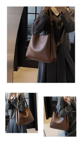 Detailed close-up of brown tote bag with high-quality leather texture and strap views