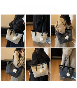 Detailed views of women's large tote bag in marble patterns with plush lamb charm