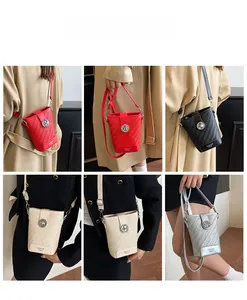 Detail showing woven texture crossbody bags in four colors with metal rotary buckles