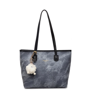 Large marble pattern canvas tote bag with black leather trim and white alpaca charm