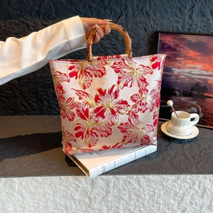 Vintage Chinese Style Jacquard Floral Tote Bag With Bamboo Handle Large Capacity Handbag For Women Ethnic Wedding Party