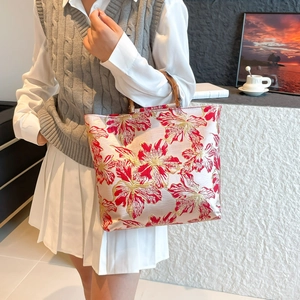 Vintage Chinese style tote bag with red gold floral jacquard and natural bamboo handle