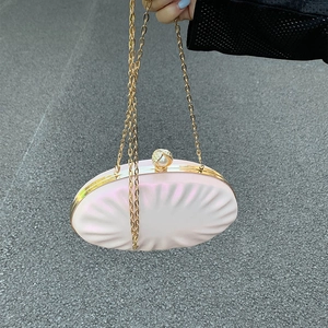 Elegant Shell Shape Evening Clutch Bag Pleated PU Leather Artificial Pearl Rhinestone Clasp Metal Chain For Women Party Prom