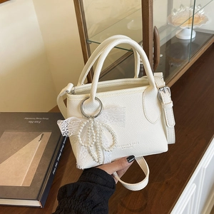 Women's Mini Bucket Bag PU Leather Litchi Texture Crossbody Phone Bag With Artificial Pearl Lace Bow Charm Fashion Casual Chic Small Handbag