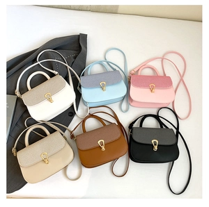 Close-up of contrast-colored saddle bags with gold teardrop locks in six stylish colors