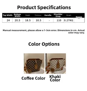 Size guide for vintage checkered bucket bag with dimensions in cm and PU leather material