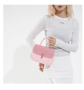 Close-up of pink saddle bag with woven texture flap and golden hardware accents