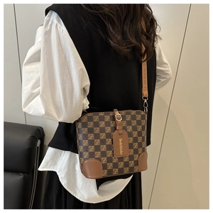 Detail of vintage bucket bag with Z-pattern monogram and fashion strap shown on model