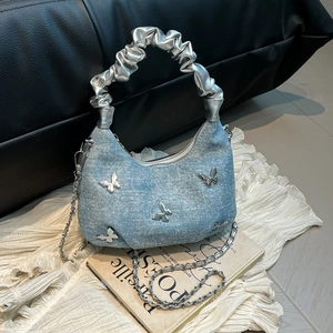 Sac à Main en Denim Papillon pour Femmes Y2K Poignée Plissée Sac Hobo Vintage Denim Délavé Chaîne Sac à Bandoulière Retro Tote