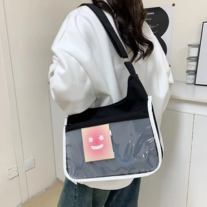 Women Casual Oxford Cloth Shoulder Bag Transparent PVC Pocket Large Capacity Crossbody Bag For School Daily Use Fashion Tote