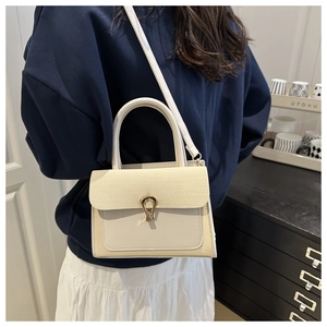 Detail of minimalist beige crossbody bag featuring woven texture and gold metal buckle