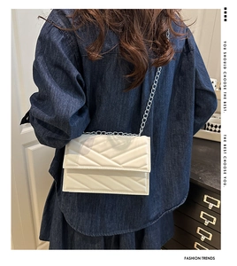 Détail d'un sac bandoulière blanc matelassé avec chaîne, porté sur une tenue en jean