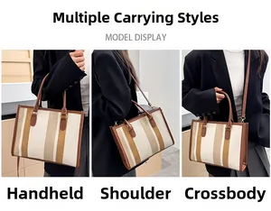 Three-way canvas tote bag shown in hand-carry, shoulder, and crossbody styling