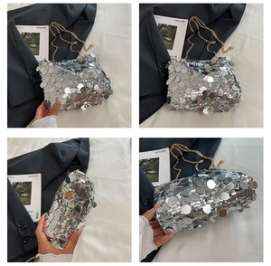 Detail shots of silver sequin shoulder bag with golden chain and scale-like texture
