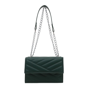 Petit sac carré matelassé vert foncé élégant avec bandoulière en chaîne argentée