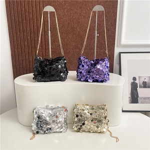 Luxe sequin chain shoulder bags in black, purple, silver and gold for party fashion
