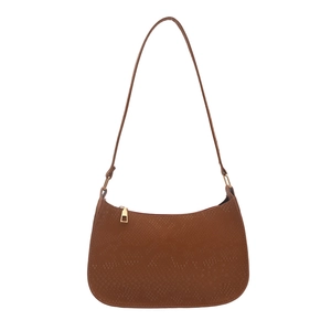 Sac baguette marron à motif serpent, fermeture dorée et silhouette en demi-lune chic