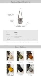 Detailed size chart and specifications for lightweight nylon drawstring bucket crossbody bag
