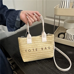 Sac Fourre-tout Décontracté en Paille Tissée pour Femmes Avec Broderie de Lettres Petit Sac à Main de Plage