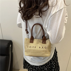 Mini straw woven tote bag with TOTE BAG embroidery and adjustable leather straps for beach