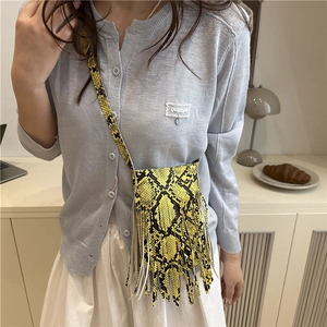 Fashionable yellow snake-print crossbody bag with long tassels for women