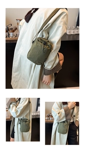 Détail du petit sac bandoulière en nylon vert olive avec fermeture à cordon