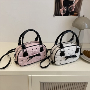 Women Sweet Wrinkled Fabric Mini Boston Bag With Bow Artificial Pearl Lace Charm Small Fashionable Handbag Crossbody Shoulder Bag Daily