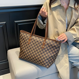 Classic brown checkered tote bag with long double handles and spacious interior design