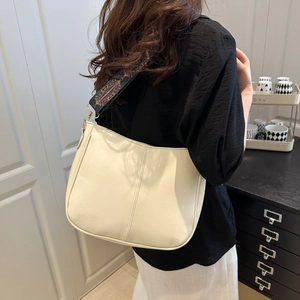 Minimalist cream white hobo bag with vintage geometric jacquard wide shoulder strap