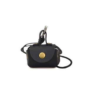 Litchi pattern leather earphone pouch with gold snap button and woven lanyard