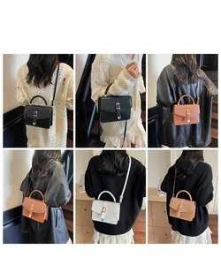 Detailed views of crossbody square bag featuring heart-shaped metal buckle in multiple colors