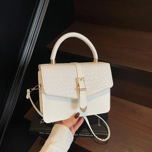 Women Fashion Woven Flap Square Crossbody Bag Minimalist PU Leather Top Handle Shoulder Bag Gold Buckle Versatile Commute Bag