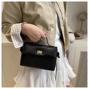 Detail of black contrast handbag featuring houndstooth pattern and gold metal twist lock