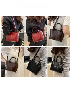 Collage of leather tote bags in burgundy, brown and black shown on a fashion model