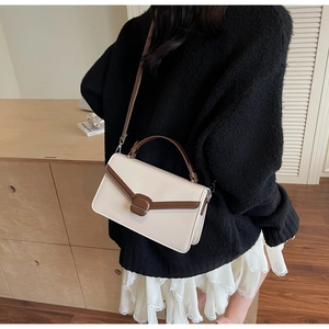 Vue détaillée du sac bicolore en daim avec bordures en cuir marron et fermoir métallique