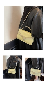 Multiple views of a sage green faux leather crossbody bag with decorative buckle
