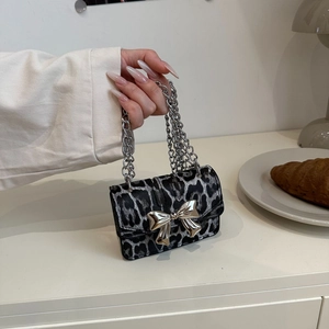 Petit Sac Bandoulière Femme Imprimé Léopard Avec Nœud Argenté Chaîne Métallique Mode Cuir PU Petit Sac Carré Épaule