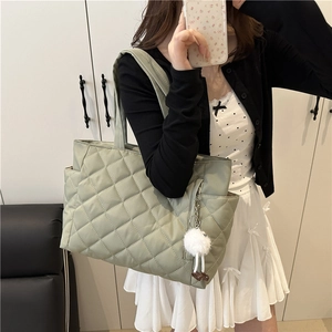 Quilted sage green tote bag with plush charm, large capacity nylon shoulder bag for women