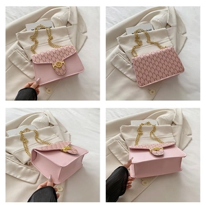 Detailed views of a pink leather flap bag with M-pattern print and gold chain strap