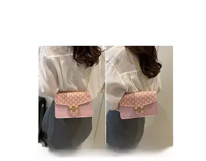 Detail of pink monogram flap crossbody bag showing chain strap and metal logo buckle