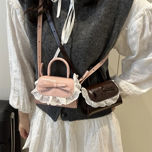 Mini sweet bow shoulder bags in pink and brown with delicate white lace trim details