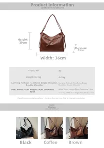Detailed size specifications for large PU leather tote bag with 3-way carry versatility