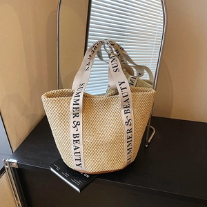 Sac Seau Tissé En Paille Été Mode Imprimé Lettres Sac À Main Porté Épaule Décontracté Plage Pour Femmes Vacances