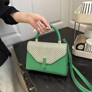 Women Woven Texture PU Leather Small Square Bag Minimalist Handbag Retro Crossbody Shoulder Bag With Gold Buckle Fashion Purse