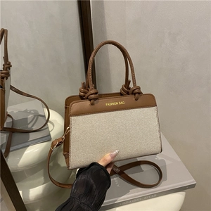 Women Handbag PU Leather Canvas Contrast Color Knotted Handle Tote Commute Crossbody Bag Fashion
