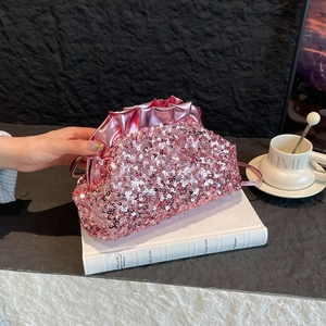 Women Sequin Pleated Cloud Clutch Bag Elegant Banquet Party Shoulder Crossbody Handbag With Single Strap
