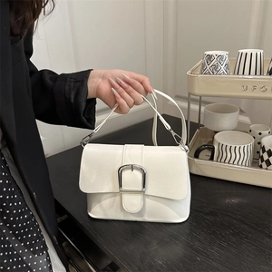 Minimalist PU Leather Small Square Shoulder Bag For Women Large Silver Buckle Solid Color Crossbody Handbag Daily Purse